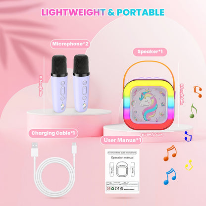 Unicorn Bluetooth Karaoke Speaker with 2 Wireless Microphones, Portable Karaoke Machine for Adults, Wireless Portable PA System for Home Party, Family Gathering & Christmas Gift, Easy to Use