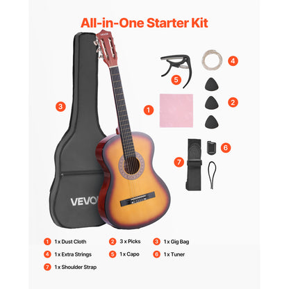 VEVOR Classical Guitar 38 in Guitar Beginner Starter Kit Nylon Strings Black/Natural Color/Blue/Pink/Sunrise Color