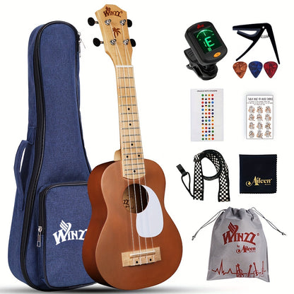 WINZZ TG-U2 21 Inch Soprano Ukulele Pack Bundle W/Free Lessons, Padded Bag, Tuner, Strap, Capo, 3*Picks