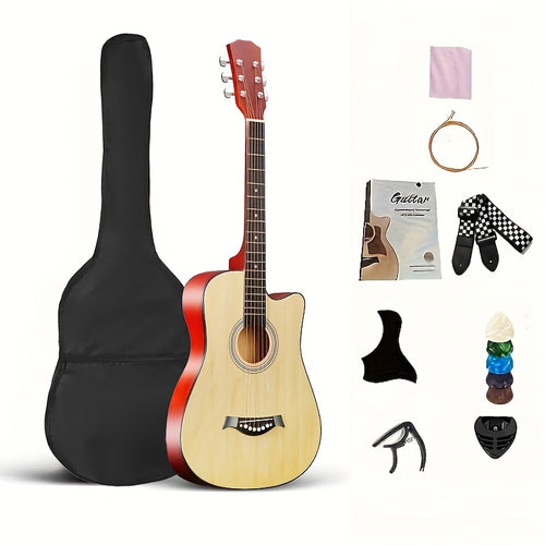 38-Inch Basswood Acoustic Guitar Suitable for Beginners - Full-Size Folk Style Guitar with Wood Sound, Basswood Body, Ideal for Practice & Performance (wood/black Optional)