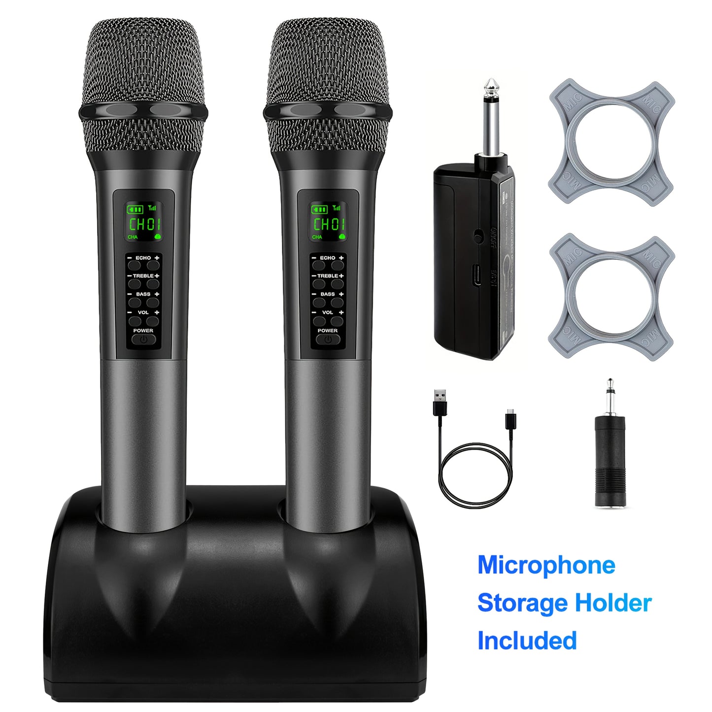 Dual Wireless Microphones with Treble/Bass/Echo, Dual Dynamic Handheld Singing Mic with Receiver for Wedding Karaoke Machine PA System Speaker Amp Mixer, Microphone Holder Including