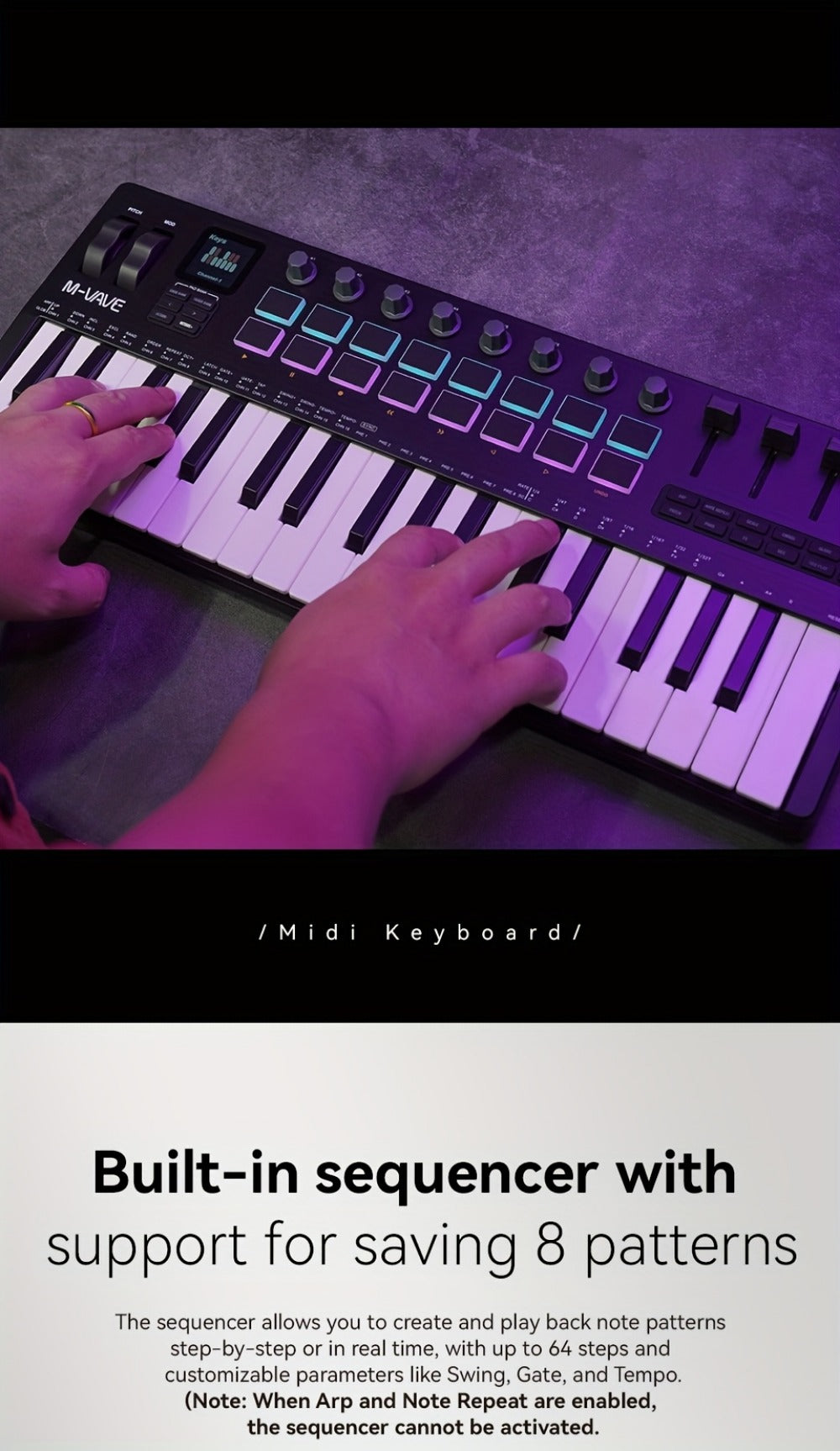 MIDI Keyboard Controller, Wireless, 37 Keys, M-VAVE, SMK37PRO for Music Production