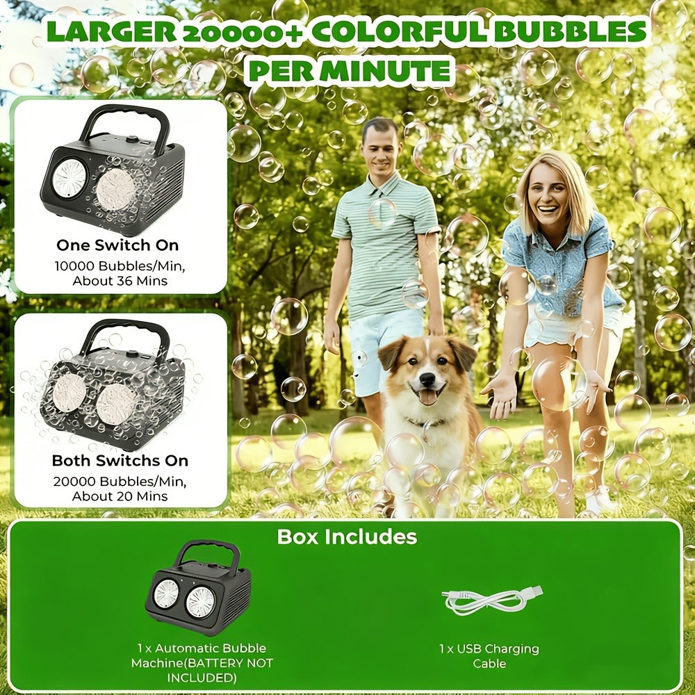 Portable Dual-Fan Bubble Machine with LED Lights and Carry Handle