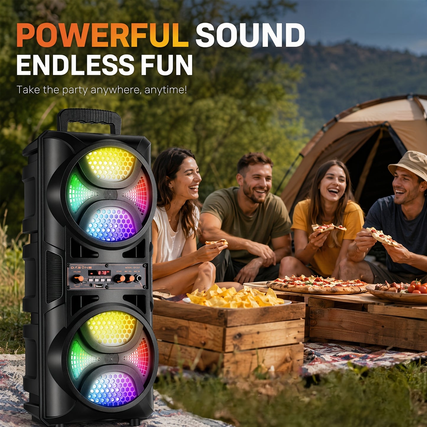 [Portable PA System] Portable Wireless PA Speaker System-Double 6.5'', Single 8'' Indoor/Outdoor Wireless Speaker Portable PA System-RGB for Party Lights, USB SD Card Reader, FM Radio, Rolling Wheels-Wired Microphone, Remote - Perfect For Party, DJ, Weddi