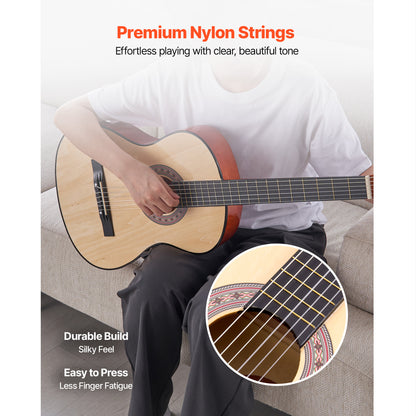 VEVOR Classical Guitar 38 in Guitar Beginner Starter Kit Nylon Strings Black/Natural Color/Blue/Pink/Sunrise Color