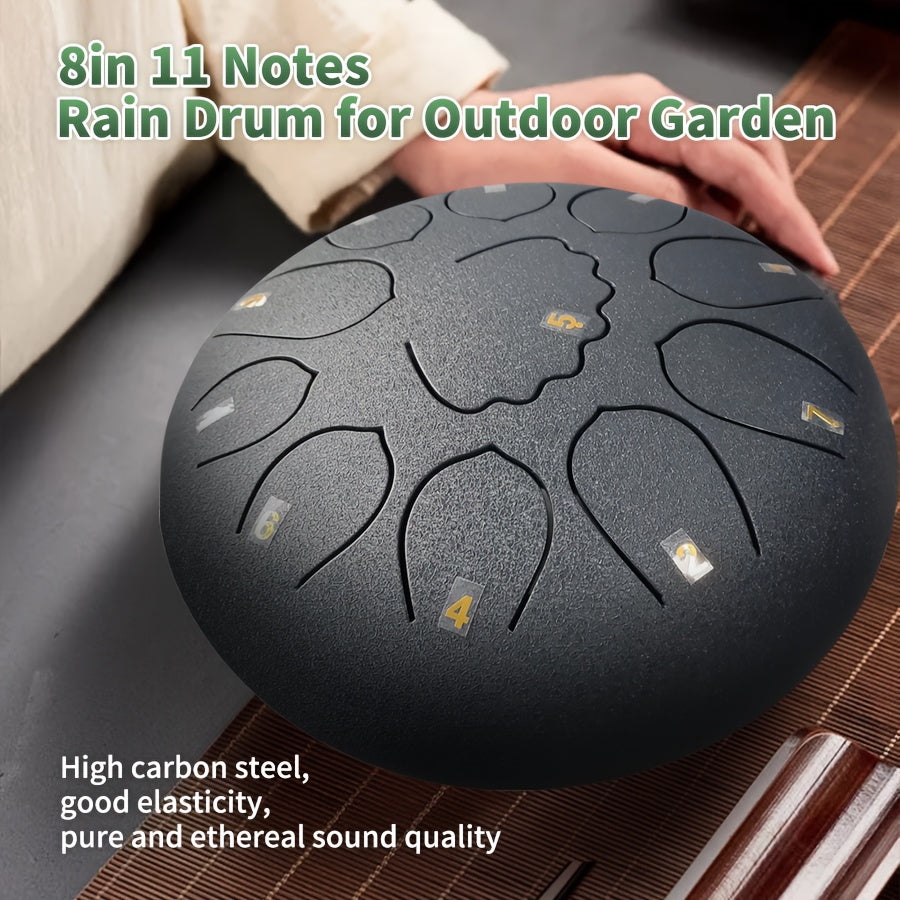 Extra Large 8-Inch 11-Tone Steel Tongue Drum - Outdoor/ Chakra Rain Drum with Drum Bag, Mallets, Music Book, Stickers & Mallet Holder - Rustproof Hand-Playable Instrument Suitable for Meditation, Yoga,, for Ages (Green)