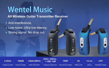 Wireless Guitar System 2.4GHz Built-in Rechargeable Lithium Battery 270°Rotatable Audio Wireless Transmitter Receiver for Acoustic Guitar Bass Violin Keyboard Electric Instruments, A9