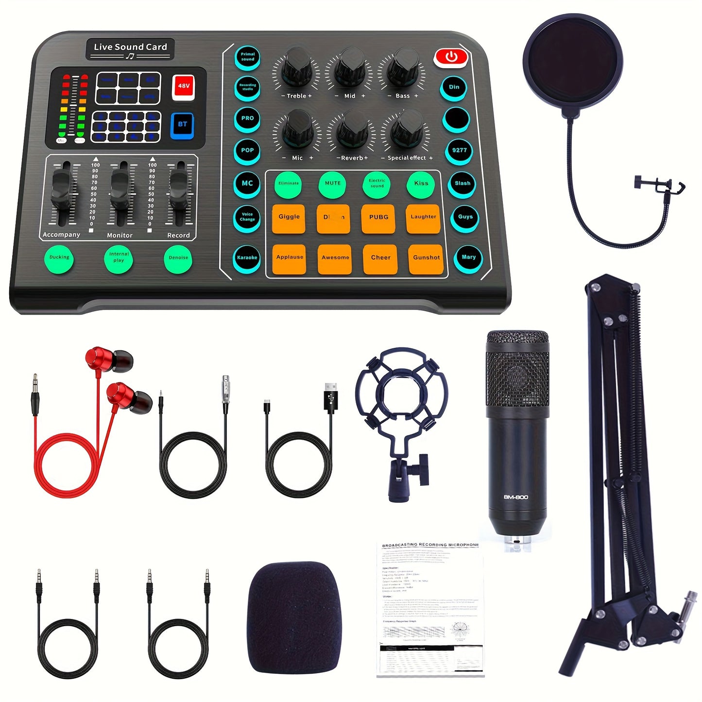 Podcast Equipment Bundle, BM-800 Recording Studio Package with Voice Changer, Live Sound Card - Audio Interface for Laptop Computer Vlog Living Broadcast Live Streaming [V8S for 1/2/V8/V8K for 1/2/F998/M6/V10X Pro], Includes Complimentary Earphones