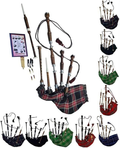 HAAUR TRADERS Scottish Bagpipe Rosewood Royal Stewart Tartan Natural Color with Silver Plain Mounts Free Tutor Book, Carrying Bag, Drone, Reeds