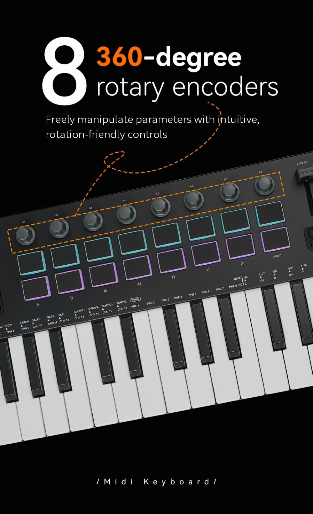 MIDI Keyboard Controller, Pure Black, Wireless, M-VAVE, SMK37PRO, Professional for Music
