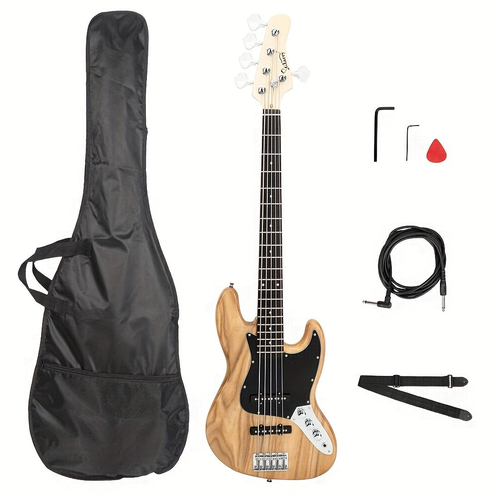 Gjazz Electric 5 String Bass Guitar, Full Size, Bag Strap Pick Connector Wrench Tool, Burlywood