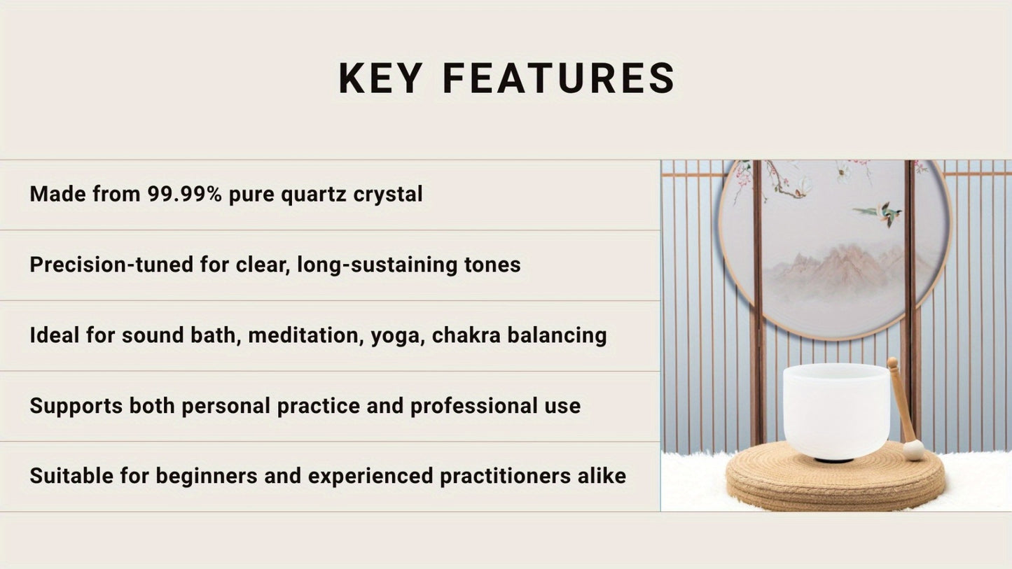 Quartz Crystal Singing Bowl, 8-Inch White Sound Bowl with Mallet