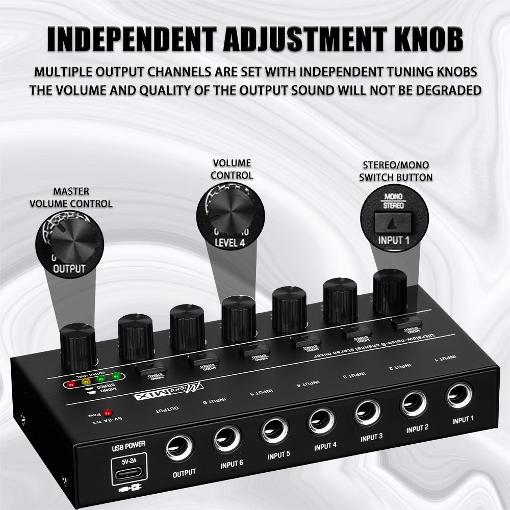 Compact 4/6/8-Channel Stereo Audio Mixer with USB-C Power and Level Controls