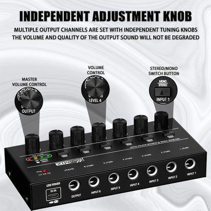 Compact 4/6/8-Channel Stereo Audio Mixer with USB-C Power and Level Controls
