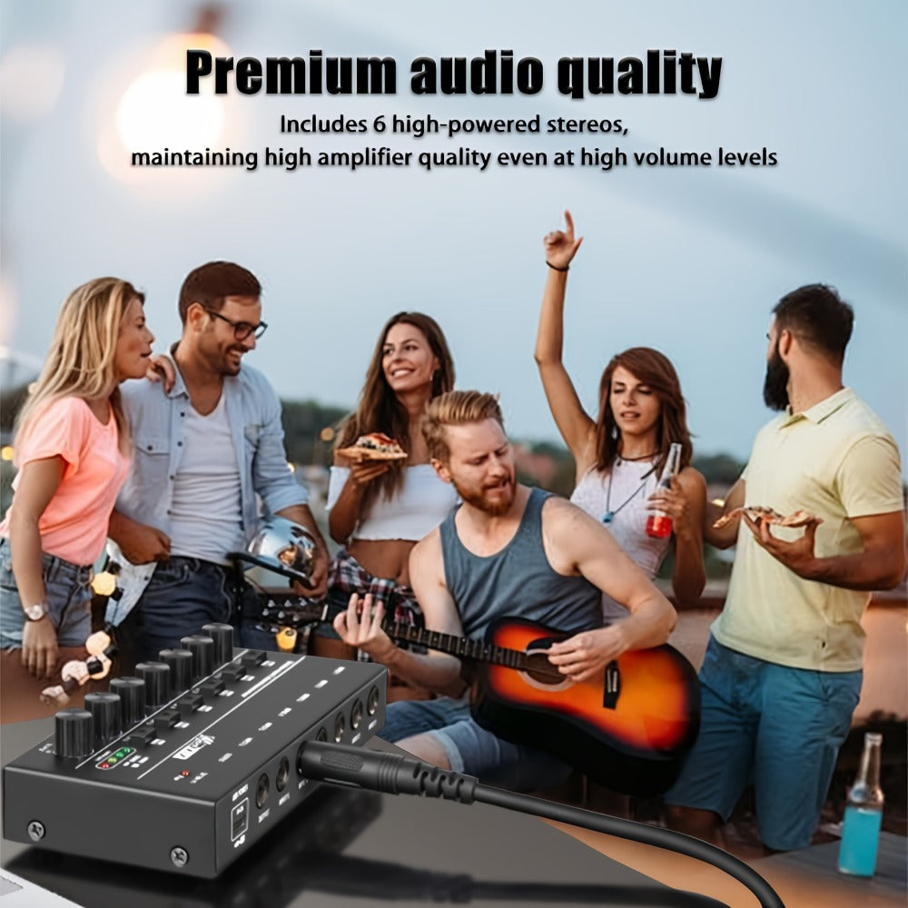 Compact 4/6/8-Channel Stereo Audio Mixer with USB-C Power and Level Controls