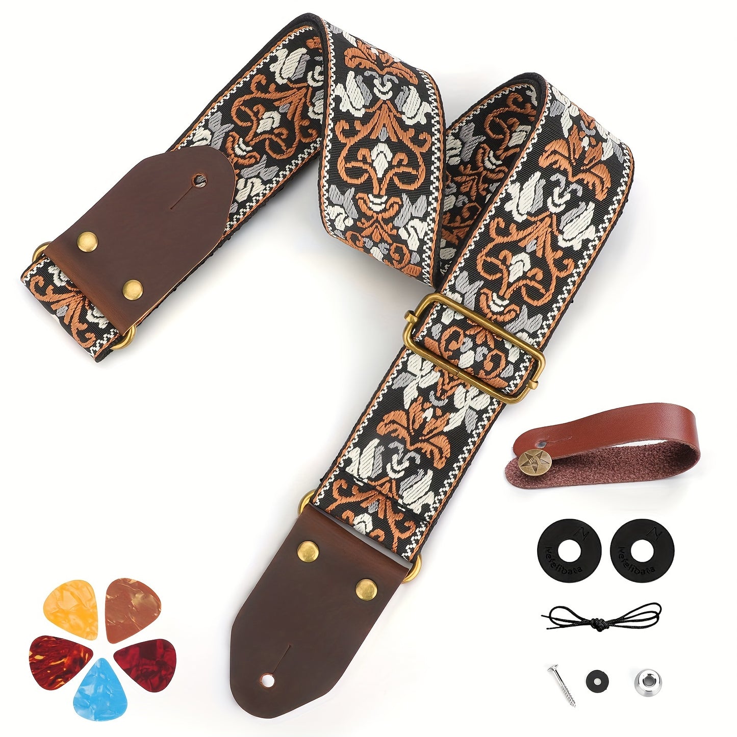 Jacquard Embroidery Cotton Guitar Strap, Stylish & Durable, Leather Ends for Comfort and Support, Ideal for Professionals