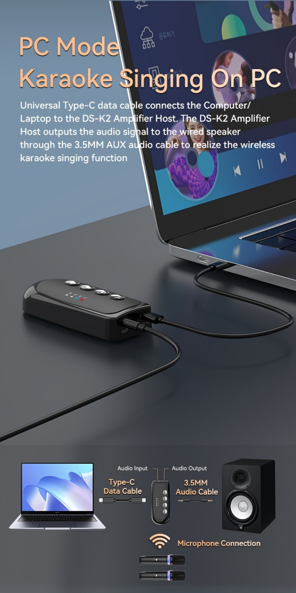 Portable Karaoke System, Stereo, RGB, Wireless, VAORLO, DS-K2, Machine for Parties