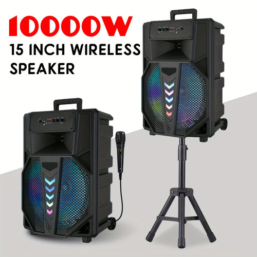 10000W Portable Wireless PA Speaker System - with Single 15 Inch Subwoofer, Outdoor Karaoke Machine W/ Microphone And Stand, DJ Lights, Support for USB/TF/AUX/FM/TWS, Rolling Wheels, for Party And Church