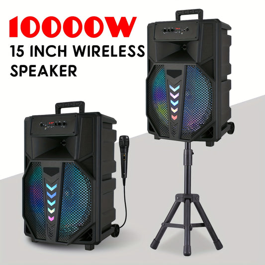 10000W Portable Wireless PA Speaker System - with Single 15 Inch Subwoofer, Outdoor Karaoke Machine W/ Microphone And Stand, DJ Lights, Support for USB/TF/AUX/FM/TWS, Rolling Wheels, for Party And Church
