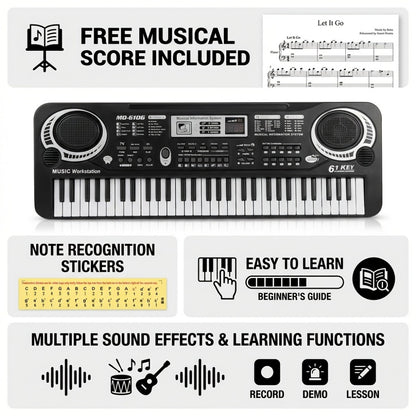 Portable Electronic Keyboard, Piano Keyboard, USB, 61-Key, Piano, Set for Beginner Lessons