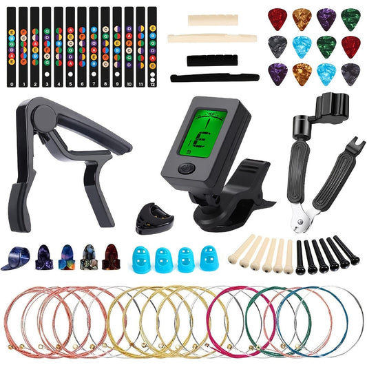 60pcs Acoustic Guitar Accessories Kit Including Guitar Strings, Tuner, Capo, 3-in-1 Restring Tool, Pick Holder, Bridge Pins, Nuts & Saddles, Finger Protector, Finger Picks, Fretboard Stickers