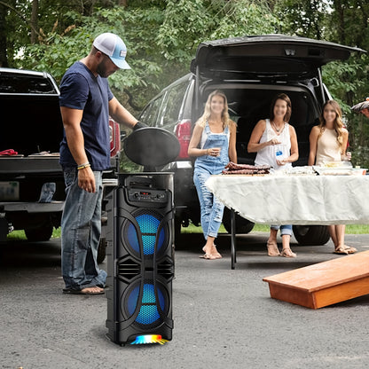 Portable Wireless PA Speaker System - Rechargeable Outdoor Wireless Speaker Portable PA System W/ Dual 8" Subwoofer, Microphone In, Volume Controls, Party Lights, USB/TF/BT/AUX/FM/TWS