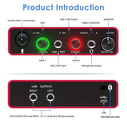 USB Audio Interface, 48V, USB, 192Khz, 24Bit/192Khz, Solo, 48V for Recording and Streaming