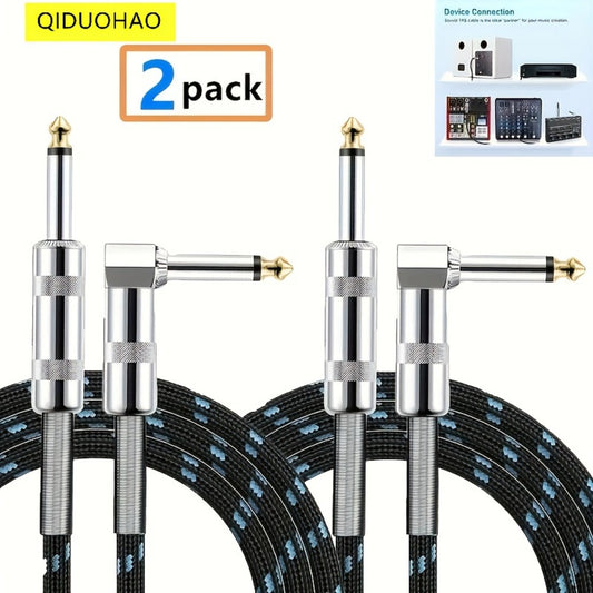 2 High-quality 1/4-inch Guitar Cables with Right-angle Connectors, Spring-loaded for Easy Plugging And Unplugging, Durable Audio Transmission Suitable for Electric Guitars, Basses, Amplifiers, Keyboards, Mandolins And Mixing Consoles. Essential for
