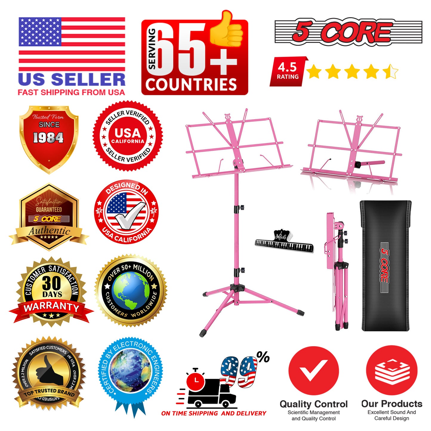 5 Core Music Stand Height Adjustable Desktop Book Stands Portable Sheet Holder All Metal Bookstand Foldable Atril Para Partituras w Carrying Bag & Clip Pink - MUS FLD PNK