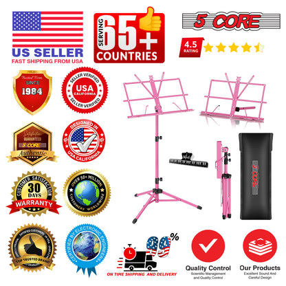 5 Core Music Stand Height Adjustable Desktop Book Stands Portable Sheet Holder All Metal Bookstand Foldable Atril Para Partituras w Carrying Bag & Clip Pink - MUS FLD PNK