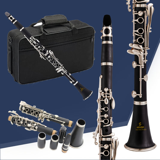 HOGSN 17-Key B Flat Clarinet, Black Resin, Polished Finish - Beginner Friendly with Durable Case & Maintenance Kit, Beginner Clarinet|Sleek Design|Quality Craftsmanship