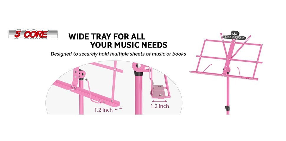 5 Core Music Stand Height Adjustable Desktop Book Stands Portable Sheet Holder All Metal Bookstand Foldable Atril Para Partituras w Carrying Bag & Clip Pink - MUS FLD PNK