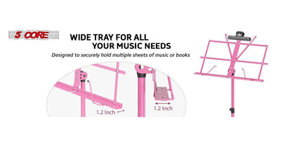 5 Core Music Stand Height Adjustable Desktop Book Stands Portable Sheet Holder All Metal Bookstand Foldable Atril Para Partituras w Carrying Bag & Clip Pink - MUS FLD PNK