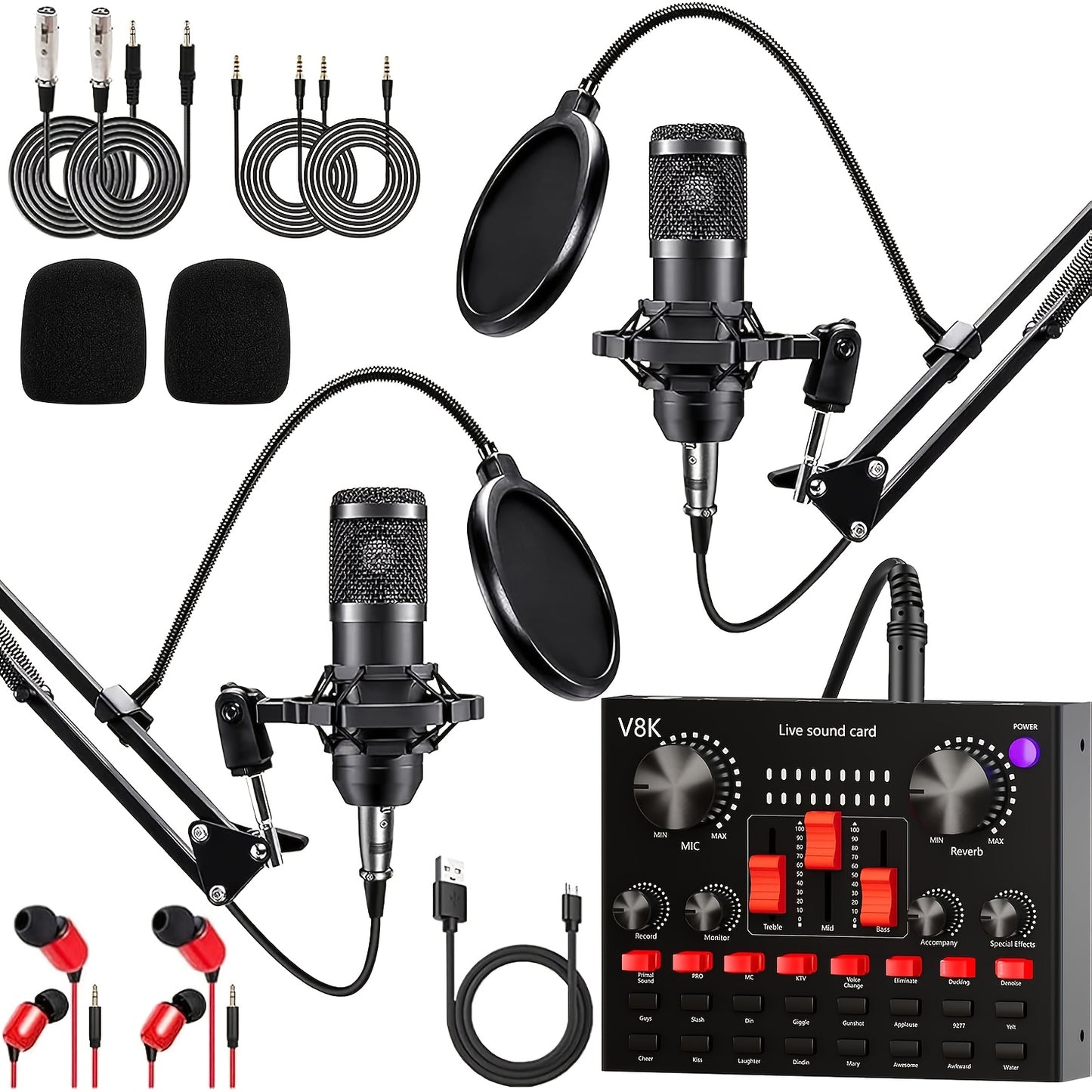 Podcast Equipment Bundle, BM-800 Recording Studio Package with Voice Changer, Live Sound Card - Audio Interface for Laptop Computer Vlog Living Broadcast Live Streaming [V8S for 1/2/V8/V8K for 1/2/F998/M6/V10X Pro], Includes Complimentary Earphones