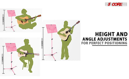 5 Core Music Stand Height Adjustable Desktop Book Stands Portable Sheet Holder All Metal Bookstand Foldable Atril Para Partituras w Carrying Bag Light & Clip Pink - MUS FLD HD ACC PNK
