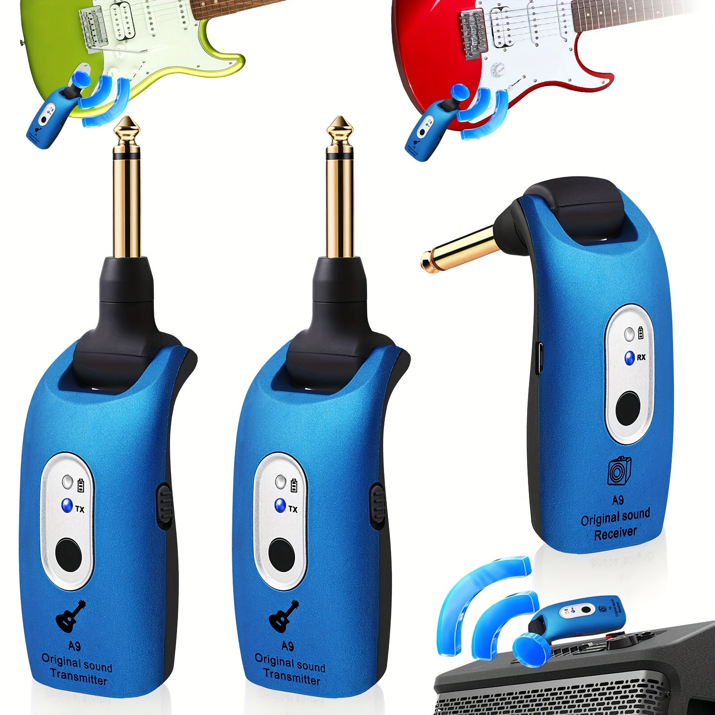 Wireless Guitar System 2.4Ghz Built-In Rechargeable Lithium Battery 270° Rotate Audio Wireless Transmitter Receiver for Guitar Bass Violin Keyboard Electric Instruments - 2 Transmitter And 1 Receiver - Black/Blue