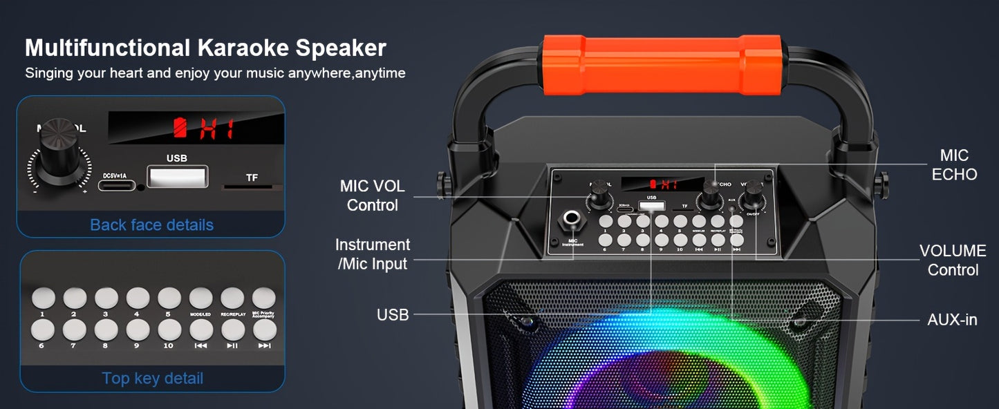 Portable Karaoke Speaker with Two Microphones And DJ Lights, Perfect for Home Parties And Gatherings. This Wireless PA System Supports USB, AUX Input, And Recording