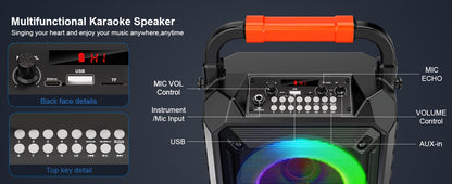 Portable Karaoke Speaker with Two Microphones And DJ Lights, Perfect for Home Parties And Gatherings. This Wireless PA System Supports USB, AUX Input, And Recording