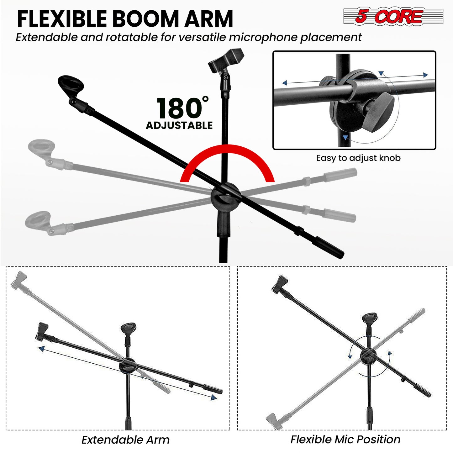 5 Core Microphone Stand Floor 2 Mic Clips Universal Height Adjustable 63" Dual Tripod Mic Stands w Telescoping Boom Arm Foldable Portable