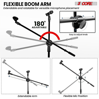 5 Core Microphone Stand Floor 2 Mic Clips Universal Height Adjustable 63" Dual Tripod Mic Stands w Telescoping Boom Arm Foldable Portable