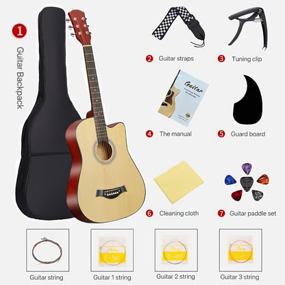38 Inch Acoustic Guitar Beginner Set, High-Quality Matte Panel, Comes with A Complete Set of Additions Including Backpack, Plectrum, 6 Strings, Tuning Clip, Textbook, Shoulder Strap, Etc., Suitable As A Family Gift