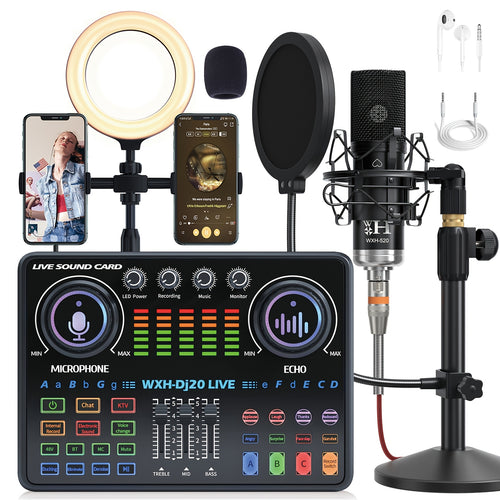 Podcast Equipment Bundle, WXH520 Podcast Microphone With Voice Changer, Dj20 Sound Card With Audio Interface, Adjustable Stand Suitable For Podcasting, PC, Smart Phone, Singing, Gaming
