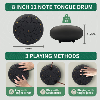 Rain Drum 11 Notes 8 Inches Steel Tongue Drum for Outside Garden with Drum Bag, Music Book, Drum Mallets, Mallet Holder, Steel Drum for Yoga, Meditation, Prenatal Education