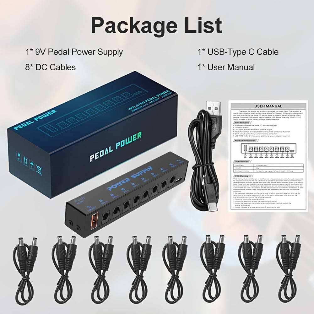 8-Way Guitar Pedal Power Supply with Type C Interface, DC 9V, Metal Construction - No Battery Required, Ideal for Various Effects
