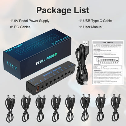 8-Way Guitar Pedal Power Supply with Type C Interface, DC 9V, Metal Construction - No Battery Required, Ideal for Various Effects