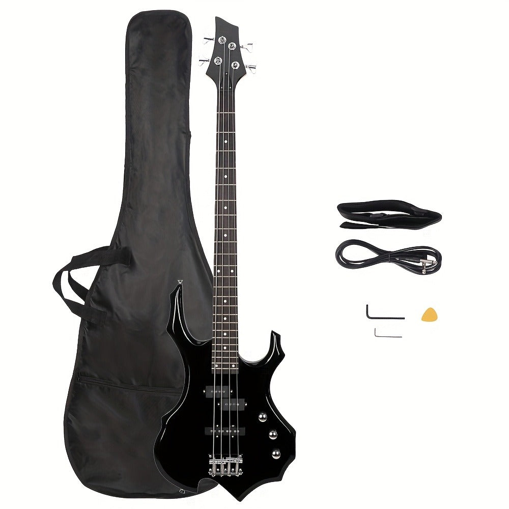 Electric Bass Guitar, Obsidian, Full Size, LEADZM, Burning, Fire for Lessons and Practice