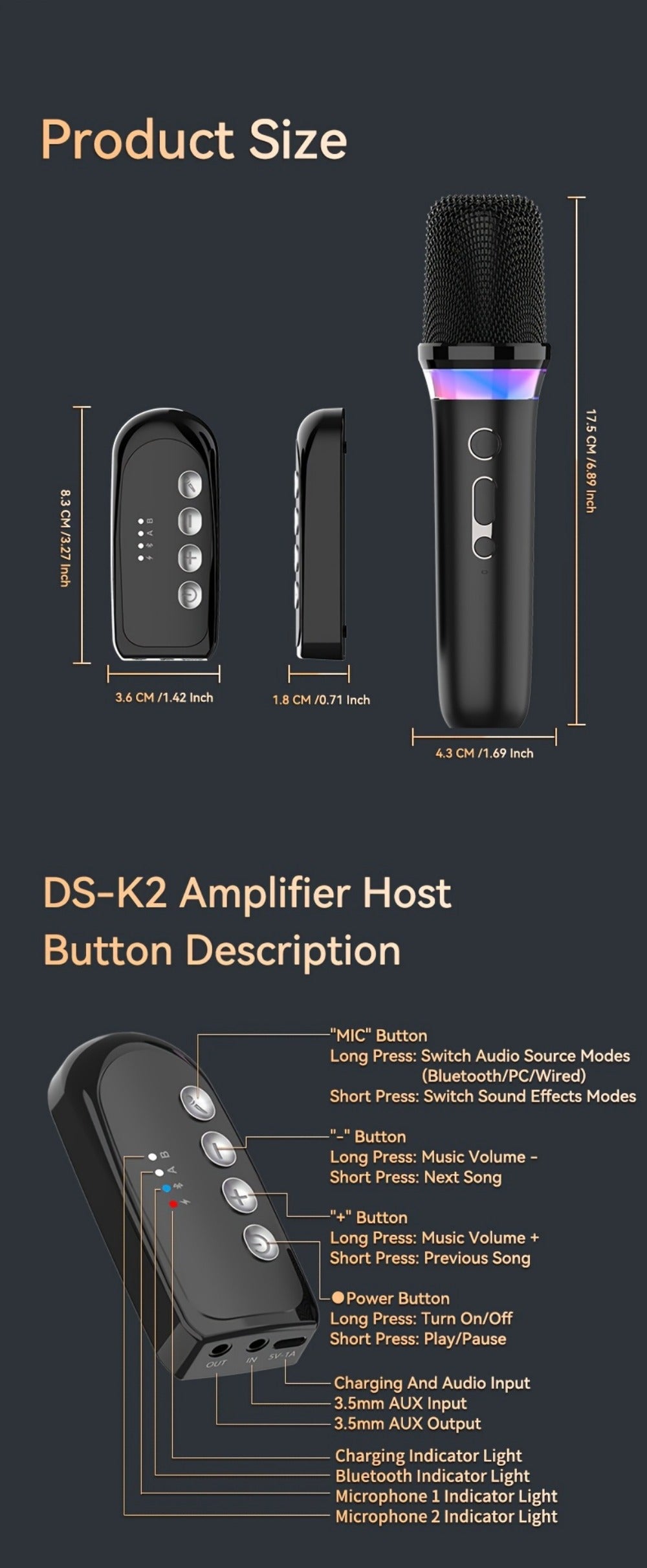 Portable Karaoke System, Stereo, RGB, Wireless, VAORLO, DS-K2, Machine for Parties