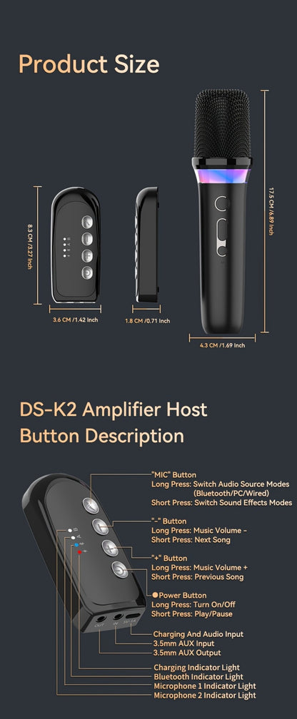 Portable Karaoke System, Stereo, RGB, Wireless, VAORLO, DS-K2, Machine for Parties