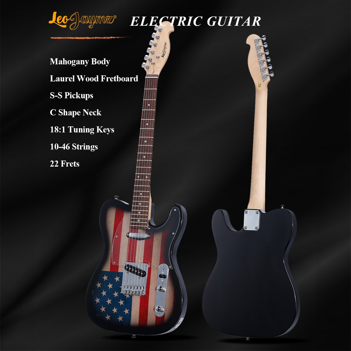 Leo Jaymz DTL Style Electric Guitar with Flag Sticker - High Gloss Mahogany Body And Hard Maple Neck - High Transparency Acrylic Pickguard
