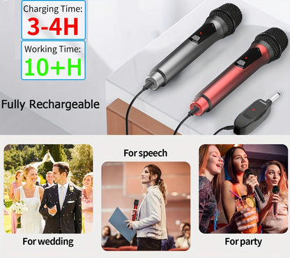 Dual Wireless Handheld Microphone System with Rechargeable Receiver